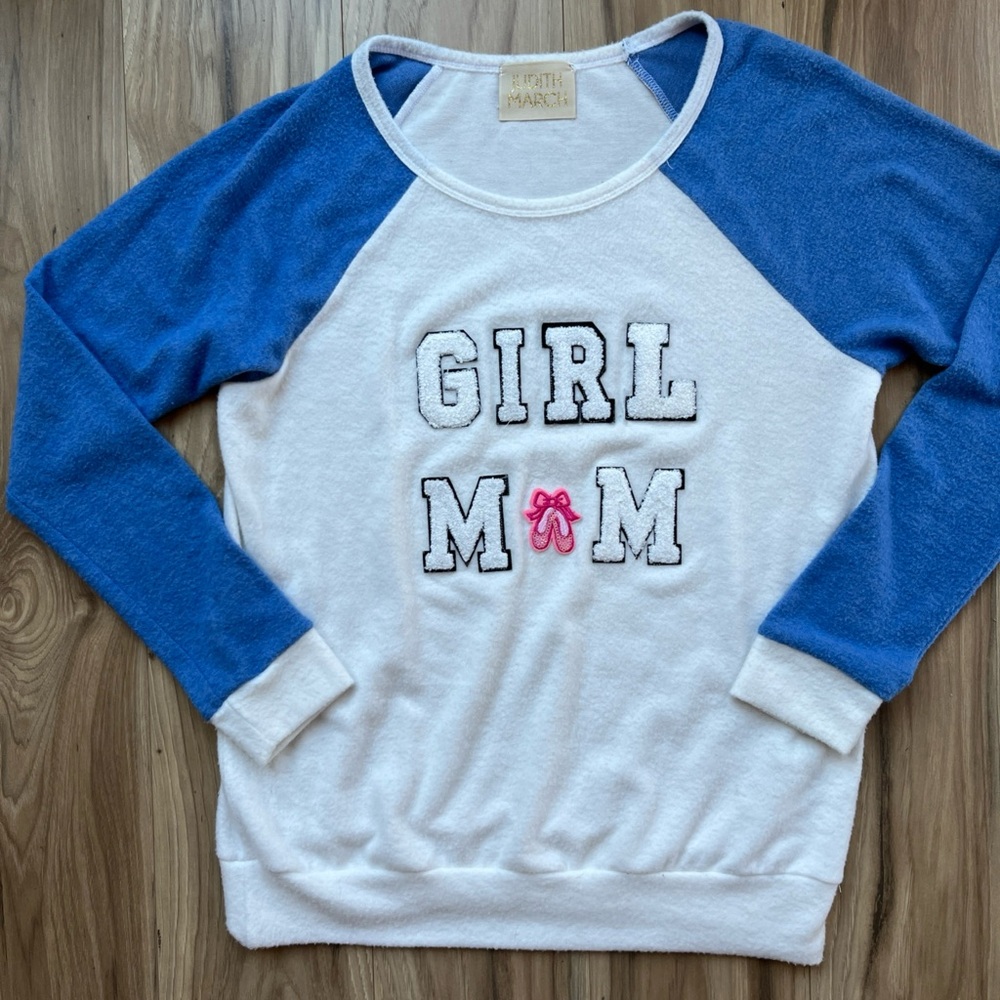 Judith March Sweater Women Small Embroidered Girl Mom Ballet Dance White Blue